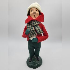 Vintage Byers Choice Boy Caroler Figurine in Red Coat and Green Pants